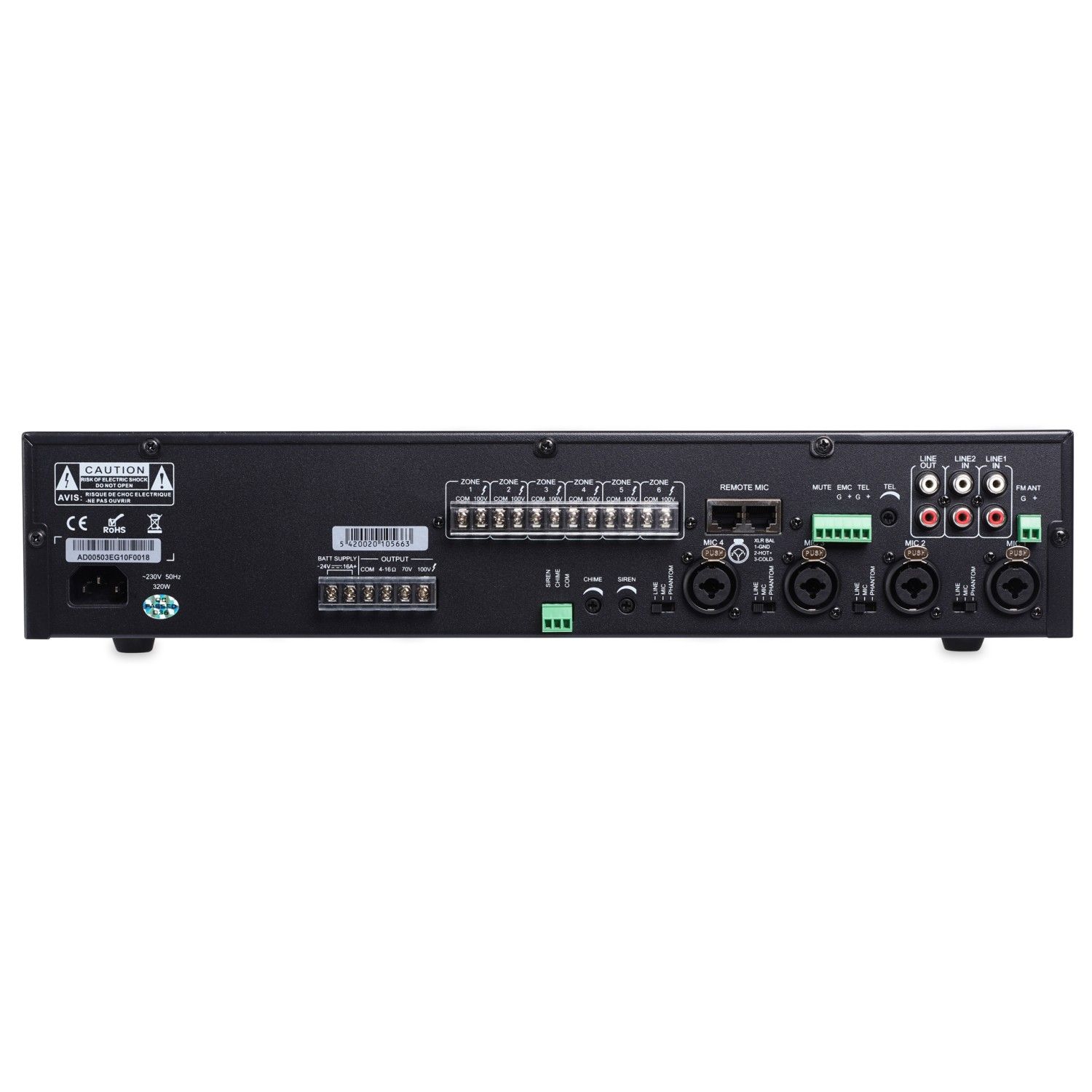 Amplificateur Mélangeur avec Source Intégrée ArtSound MX-2406M, 6 zones, 100V, 19", 240W (3/4)