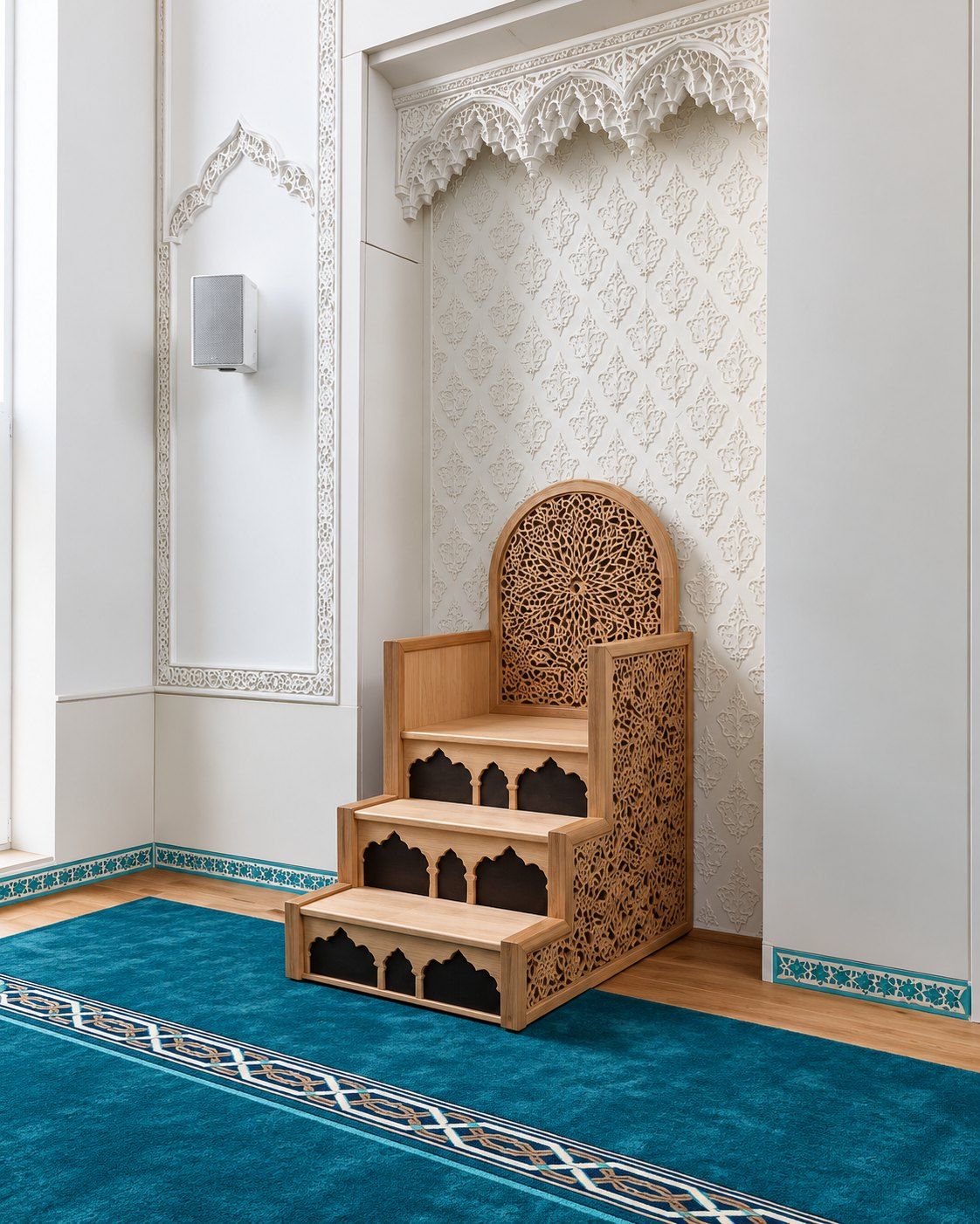 Salle de prière de la mosquée de Tétouan : enceinte murale blanche près du minbar en bois sculpté, tapis turquoise